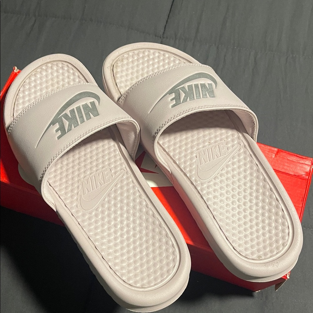 Nike White and Gray Slide Sandals